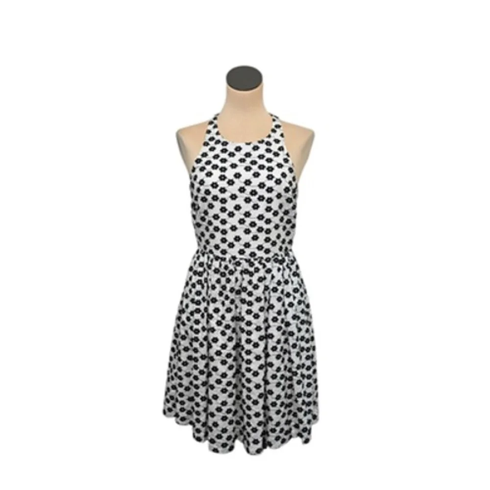J Crew Dress Womens 4 White Black Floral Embroidered Sleeveless Halter Fit Flare